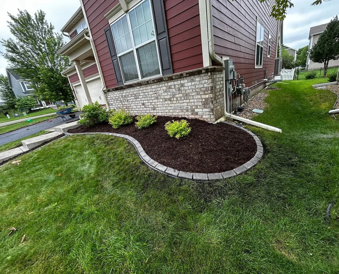 Landscaped garden with mulch and shrubs beside a modern home exterior.