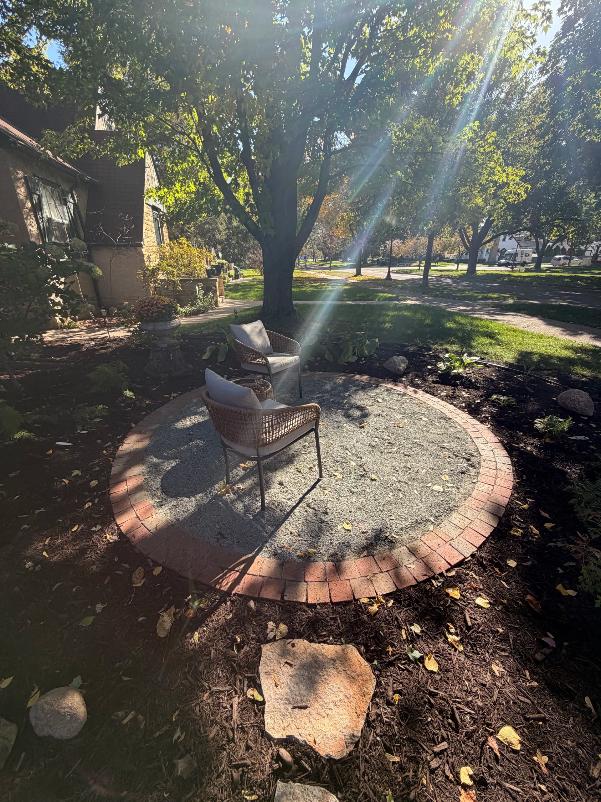 Gallery photos for Front Yard Landscape Design with Granite Patio and Brick Edging: Image #2