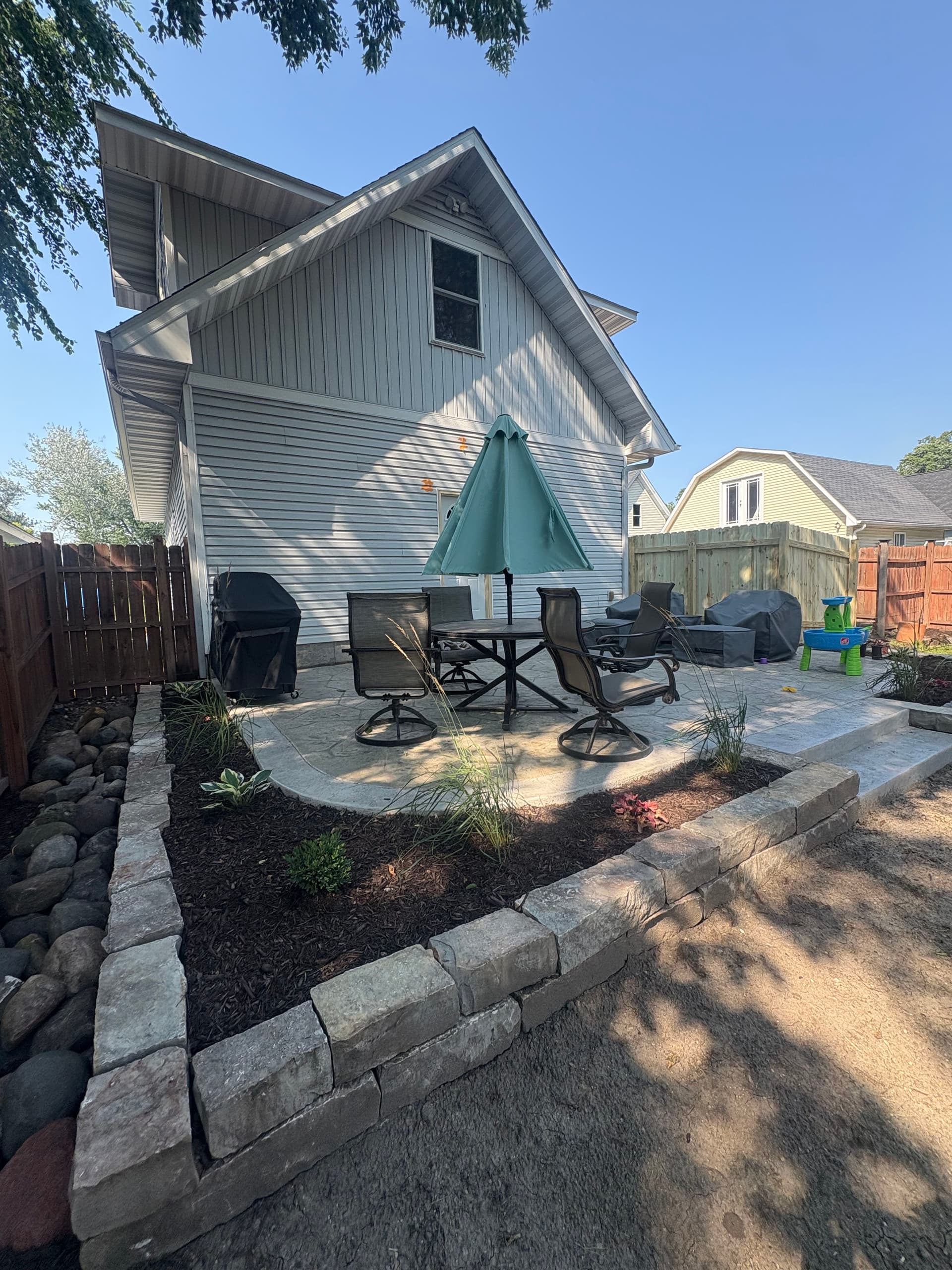 Stamped Concrete Patio and Chilton Retaining Wall Backyard Build image