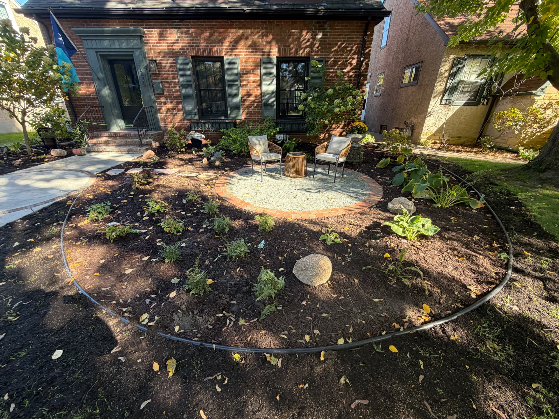 Gallery photos for Front Yard Landscape Design with Granite Patio and Brick Edging: Image #3